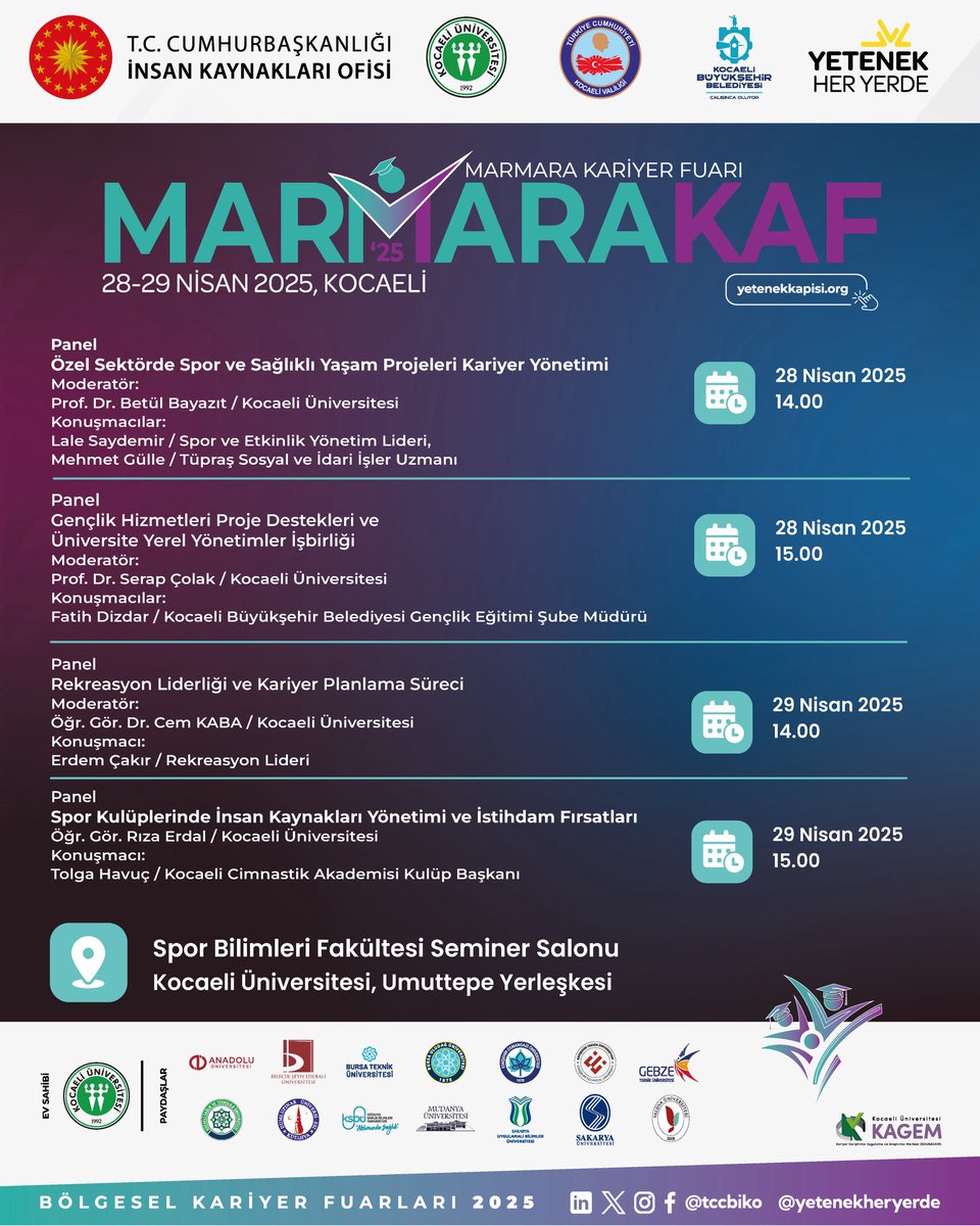 🛎 Spor Bilimleri Fakültesi Seminer Salonu’nda; spor ve sağlık, gençlik hizmetleri, kariyer planlama ve insan kaynakları alanlarında dört farklı panel Marmarakaf’ta seni bekliyor! 💫

📅 28-29 Nisan
📌 Spor Bilimleri Fakültesi Seminer Salonu

#Marmarakaf