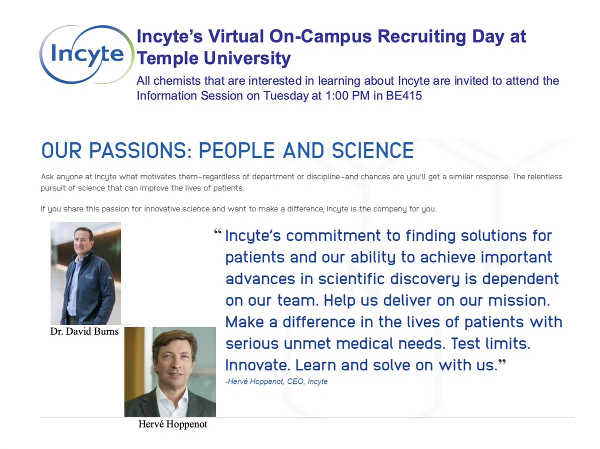 ICMS (@icms_hpc) on Twitter photo EVENT HIGHLIGHT:
Chemistry Seminar Series:
Incyte Information Session
Tuesday, 4/29 at 1:00pm in BE415
Dr. Christopher Beaudry will host the event, which will feature a talk by Dr. David Burns.
<a href="/TempleUniv/">Temple University</a>
<a href="/CST_TempleU/">CST Temple</a> EVENT HIGHLIGHT:
Chemistry Seminar Series:
Incyte Information Session
Tuesday, 4/29 at 1:00pm in BE415
Dr. Christopher Beaudry will host the event, which will feature a talk by Dr. David Burns.
<a href="/TempleUniv/">Temple University</a>
<a href="/CST_TempleU/">CST Temple</a>