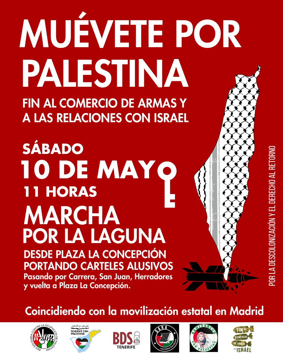 Coincidiendo con la manifestación estatal de Madrid convocada por RESCOP el sábado 10 de mayo, también salimos en  Gran Canaria, El Hierro y Tenerife. Ven a la marcha de La Laguna, a las 11 h desde Plaza de la Concepción.
¡Fin del comercio de armas y de relaciones con Israel!
🇵🇸