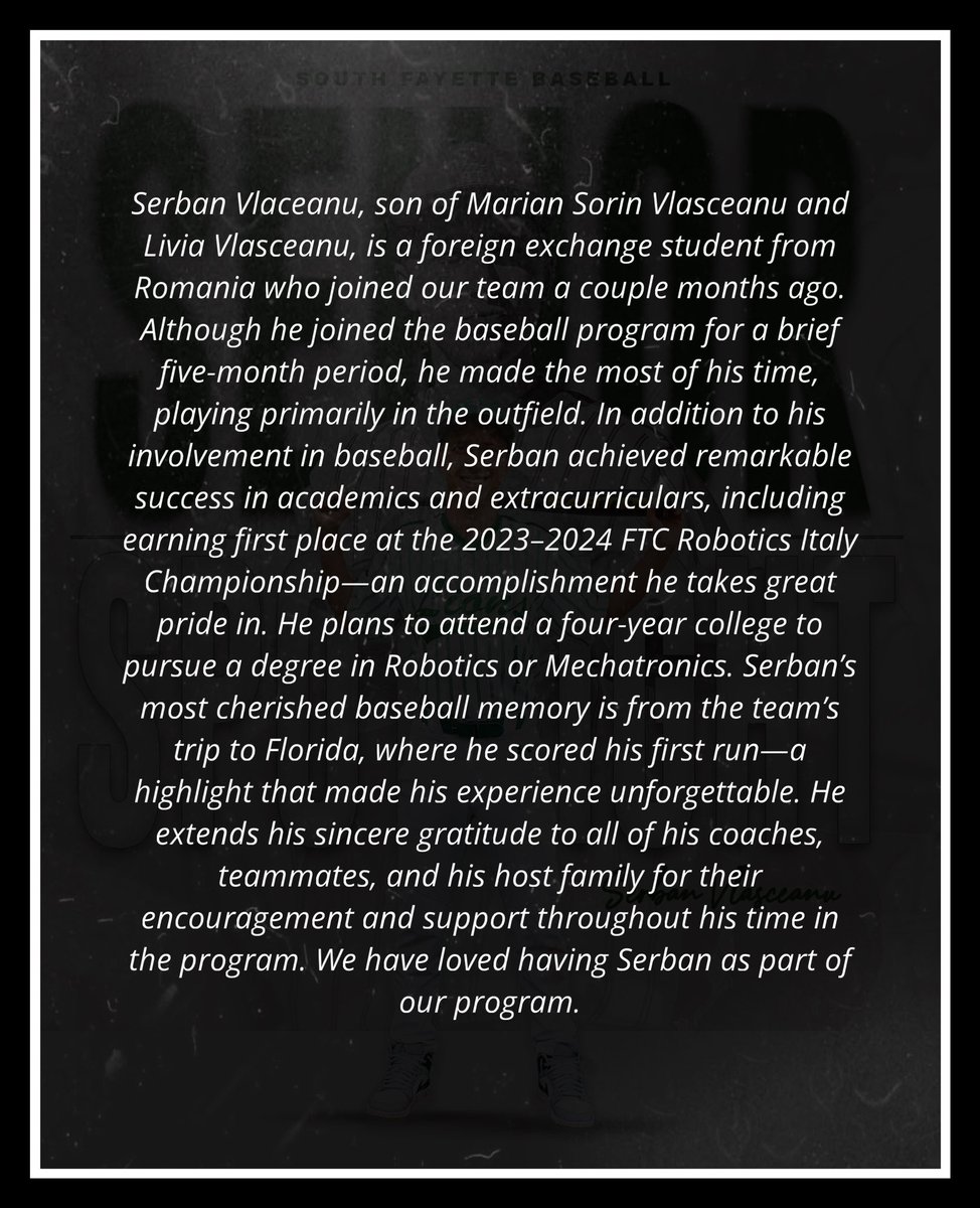 SFLionsBaseball's tweet photo. SENIOR SPOTLIGHT‼️CONGRATULATIONS SERBAN!!⚾️ Good luck back home.💚 #SFLIONPRIDE #SFFAMILY https://t.co/NKAqyLd2Qm