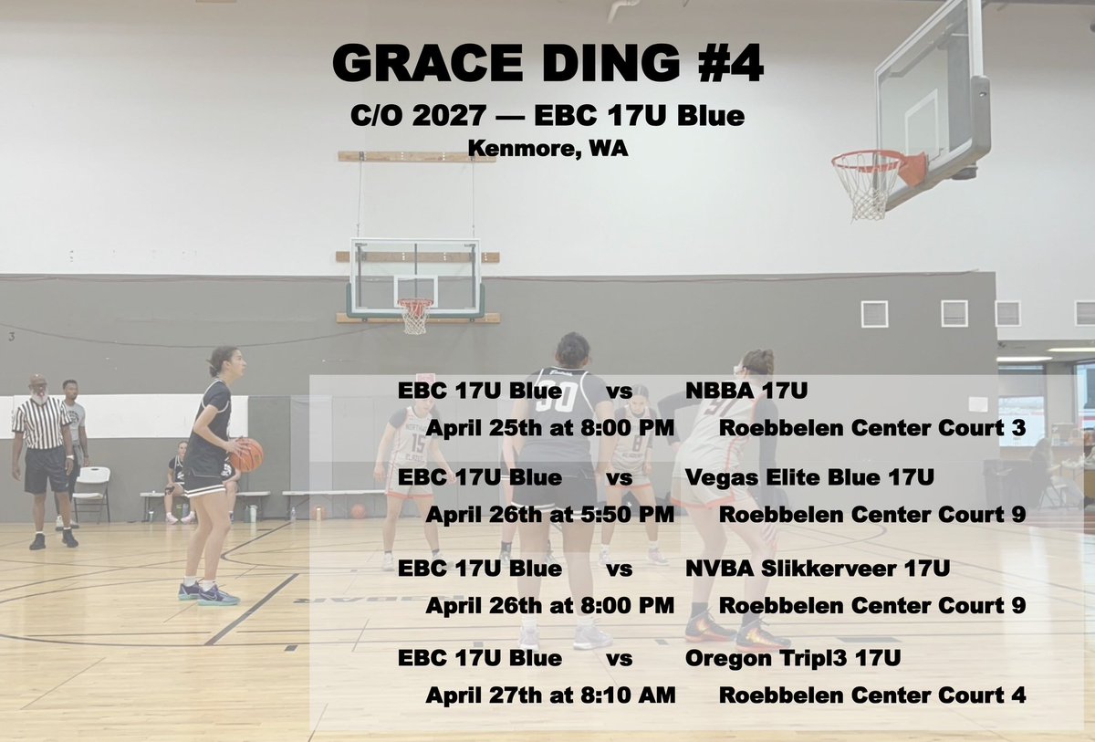 Grace Ding (@graceding4_2027) on Twitter photo Here’s my schedule for the <a href="/ELITEisEARNED/">ELITE is EARNED ®️</a> Invitational this weekend! Can’t wait to play with my EBC 17U Blue team! Here’s my schedule for the <a href="/ELITEisEARNED/">ELITE is EARNED ®️</a> Invitational this weekend! Can’t wait to play with my EBC 17U Blue team!