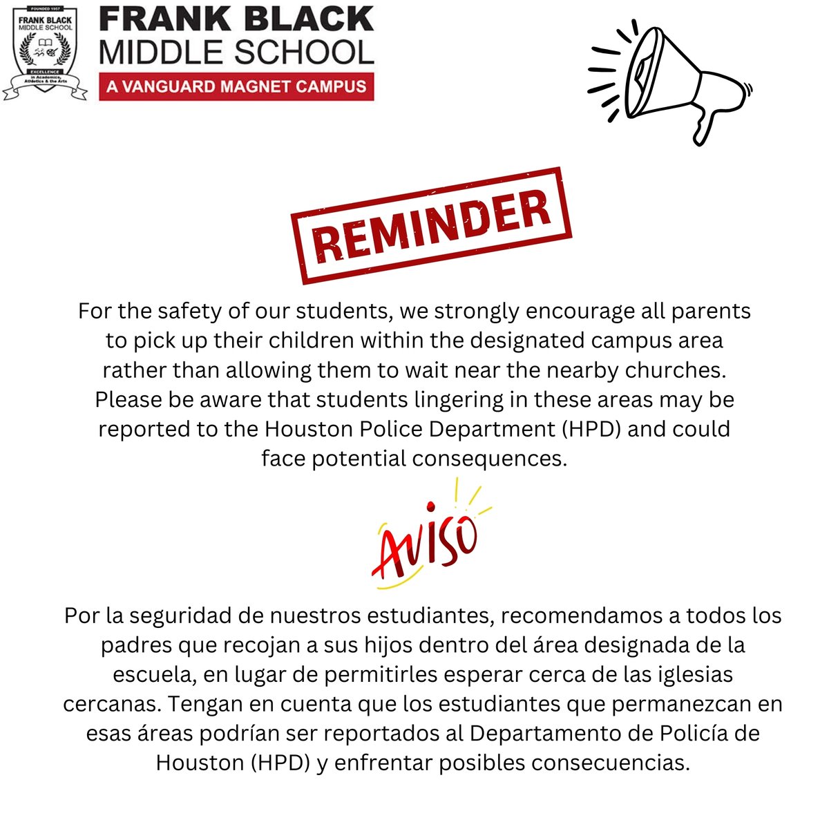 We strongly encourage parents to pick up their children within the designated campus areas rather than nearby churches. Be aware that students lingering in these areas may be reported to the Houston Police Department (HPD) and could face consequences. <a href="/sirkim05/">De Castro</a>