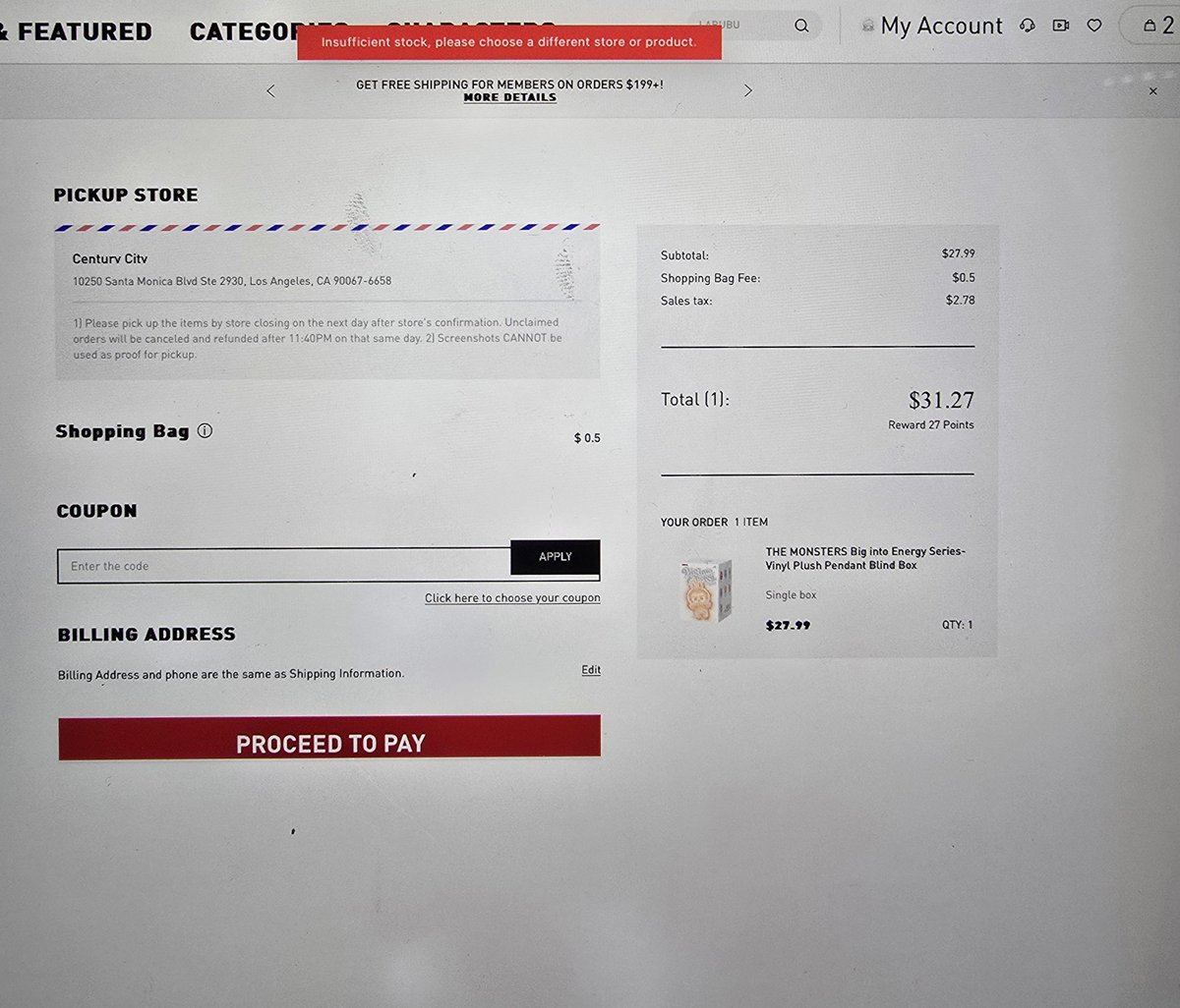WiseOne323's tweet photo. @popmart_us Pop Mart cancelled in person at Century City and switched to in store pick-up only. I added to bag at 12pm launch and after I hit pay, it said insufficient stock - how is that possible when it was in the bag? Im convinced that it's rigged. Wasted so many hours for 1 Labubu 😭 https://t.co/XdOaFXBtnK