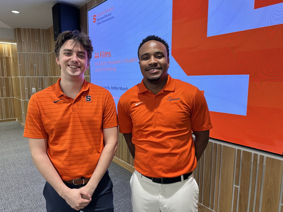 NewhouseSports's tweet photo. Seniors Robbie Munch and Caleb Jaramillo shared with the @NewhouseImpact and @NewhouseSU community the purpose and process of #44Films today as part of the Newhouse Impact Symposium! https://t.co/kESP4WlDv0
