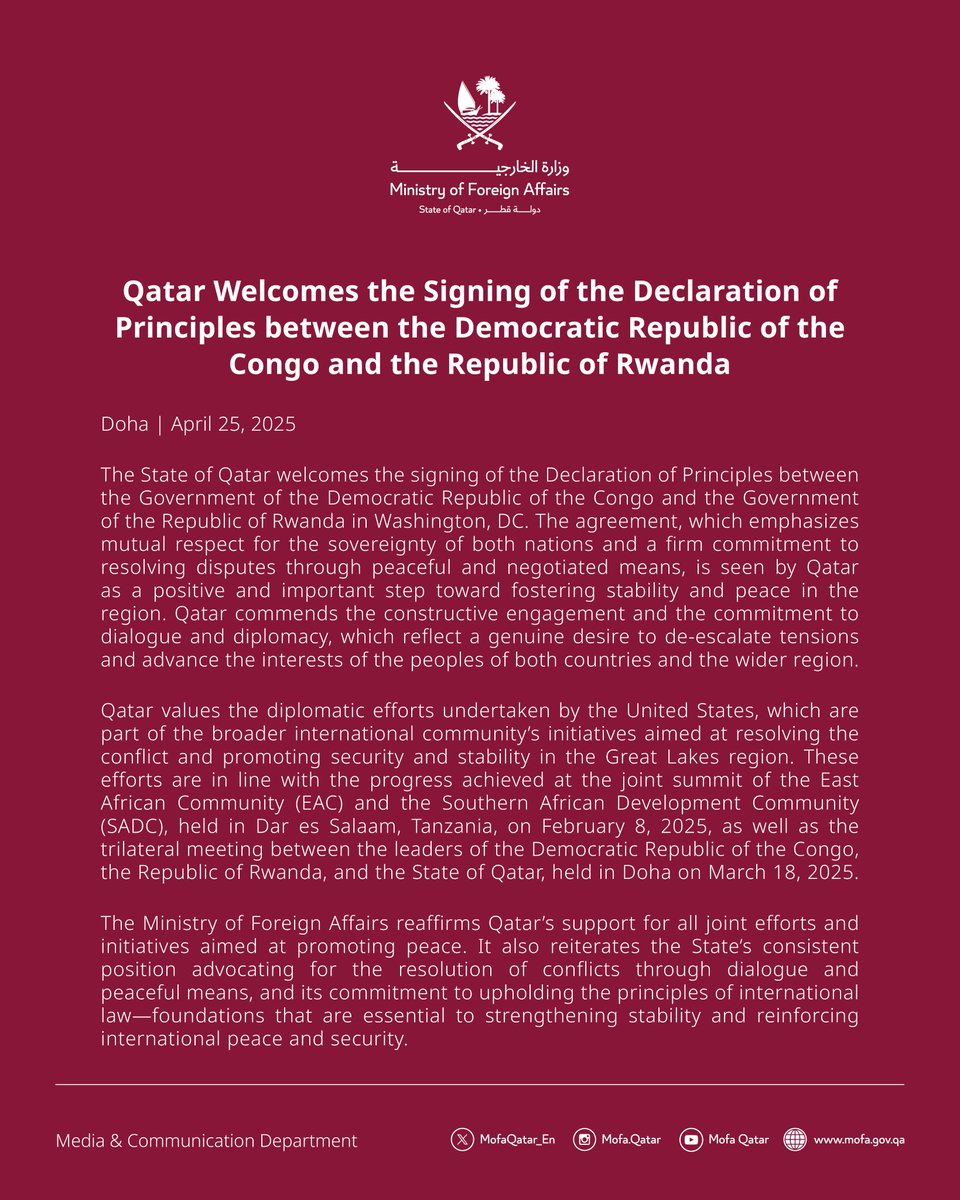 MofaQatar_EN's tweet image. Statement | Qatar Welcomes the Signing of the Declaration of Principles between the Democratic Republic of the Congo and the Republic of Rwanda

#MOFAQatar