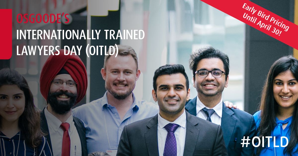 Navigating the accreditation process can be daunting, but you are not alone. Join us May 28 for Osgoode’s Internationally Trained Lawyers Day. Network w/ experienced members of the global legal community and discover strategies for success. More: bit.ly/4j52Bom | #OITLD