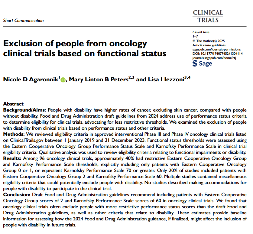 Colin Begg (@colinbbegg) on Twitter photo Cancer clinical trials typically include only patients with good performance status. But what’s the impact on people who are disabled at the outset? Nicole Agaronnik and colleagues investigate. <a href="/SCTorg/">SCTorg</a> <a href="/FDA/">FDA</a> #FDA <a href="/theNCI/">National Cancer Institute</a> <a href="/agaronnik45485/">Nicole Agaronnik</a> Cancer clinical trials typically include only patients with good performance status. But what’s the impact on people who are disabled at the outset? Nicole Agaronnik and colleagues investigate. <a href="/SCTorg/">SCTorg</a> <a href="/FDA/">FDA</a> #FDA <a href="/theNCI/">National Cancer Institute</a> <a href="/agaronnik45485/">Nicole Agaronnik</a>