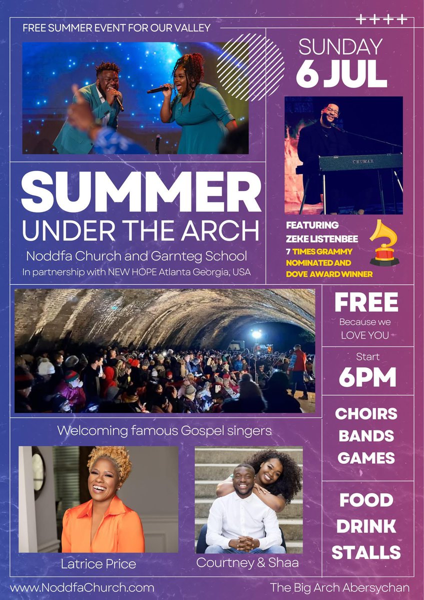 Pastor John (@noddfajohn) on Twitter photo Noddfa Church and <a href="/garntegprimary/">Garnteg Primary</a> are hosting "Summer Under the Arch"
A night of Gospel Music with famous artists from the USA including Dove Award Winner and 7 times Grammy nominee Zeke Listenbee.
Fun for all the family. Noddfa Church and <a href="/garntegprimary/">Garnteg Primary</a> are hosting "Summer Under the Arch"
A night of Gospel Music with famous artists from the USA including Dove Award Winner and 7 times Grammy nominee Zeke Listenbee.
Fun for all the family.