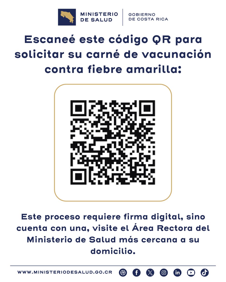 msaludcr's tweet photo. Escaneé el código QR para solicitar su carné de vacunación contra fiebre amarilla.  Este proceso requiere firme digital, sino cuenta con una, visite el Área Rectora del Ministerio de Salud más cercana a su domicilio. https://t.co/iFzYBsn3BJ