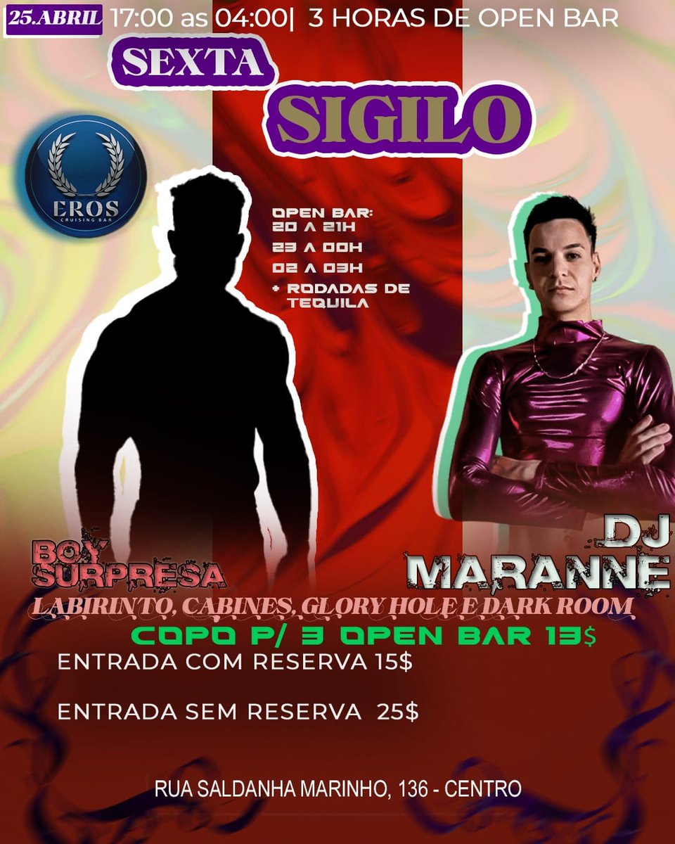🔥 OPEN BAR EM 3 HORÁRIOS — SÓ R$13,00
20h às 21h
23h à 00h
02h às 03h
E ainda tem rodadas de tequila pra deixar tudo mais quente e desinibido.

🎟️ ENTRADA:
Normal: R$25
Pela lista do Instagram (via Stories): R$15

📍@erosbarcwb
⏰ Das 17h às 3h