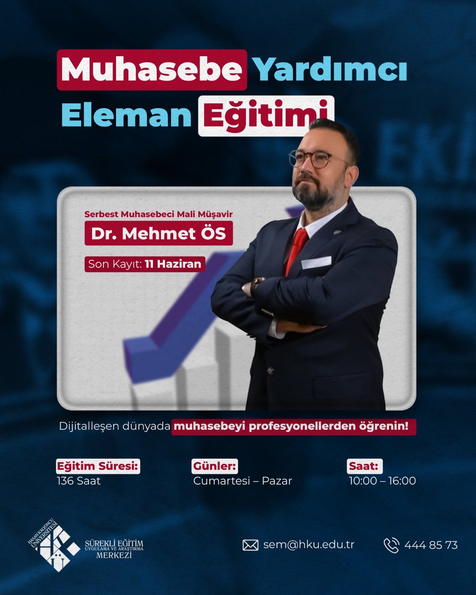 📊 Dijitalleşen dünyada muhasebeyi profesyonellerden öğrenin!
Hasan Kalyoncu Üniversitesi Sürekli Eğitim Merkezi’nden sektöre güçlü bir adım:
🧾 "Muhasebe Yardımcı Eleman Eğitimi" başlıyor!

💼 Eğitim İçeriği:
✔️ E-Fatura, E-İrsaliye, SGK Dijital İşlemler
✔️ Dijital Muhasebe