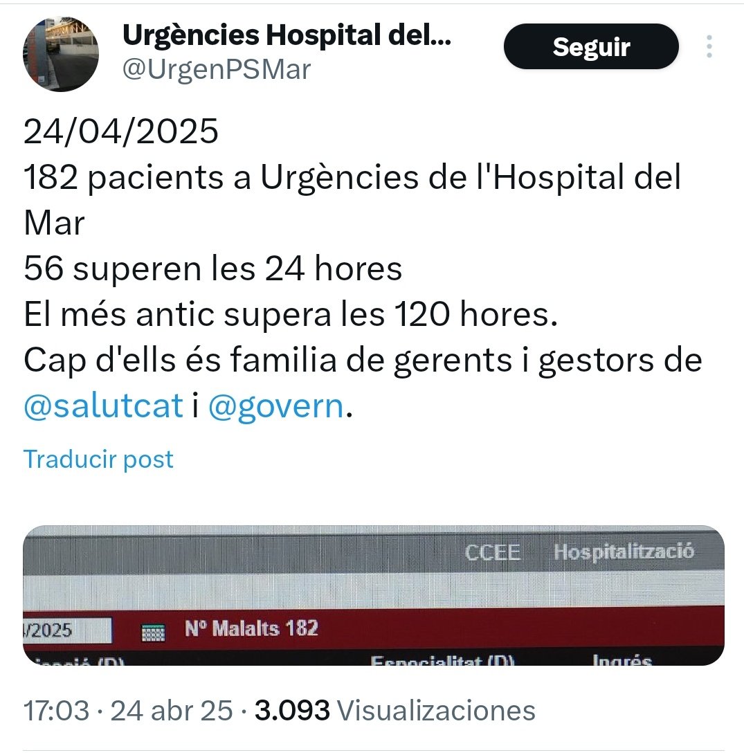 GuajeSalvaje's tweet image. 182 pacientes en Urgencias.
56 superan las 24 horas.
El más antiguo supera las 120 horas.

Si pasa en Madrid: críticas de la ministra de Sanidad, concentraciones de sanitarios y especiales informativos.

Como es en la Barcelona de la Generalitat de Salvador Illa, no pasa nada.