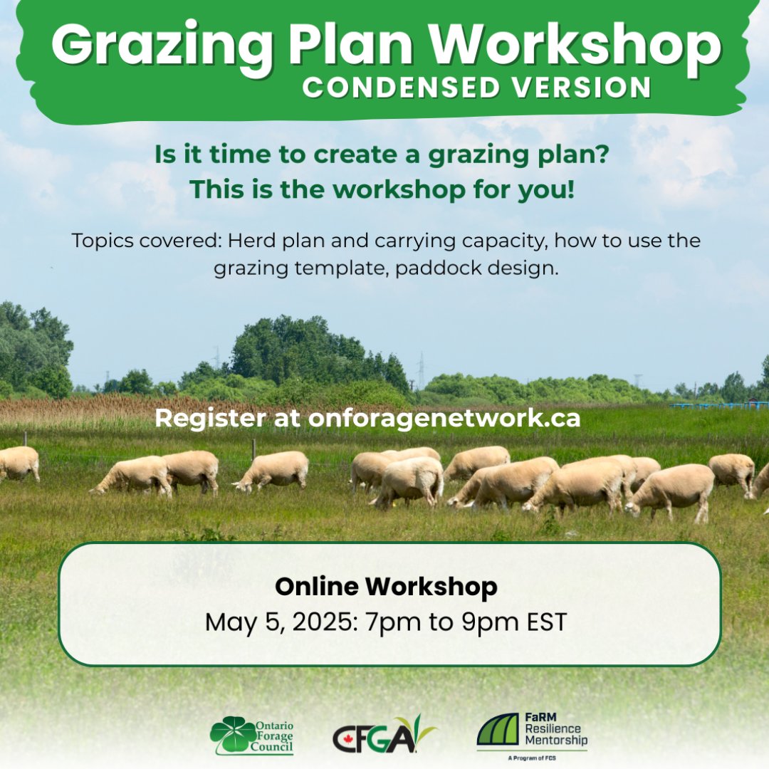 NEW SESSION! Don't miss a condensed Grazing Plan Workshop being held May 5, online from 7–9PM.

Learn about herd plan, carrying capacity, paddock design &amp; more with mentors Dean Cober &amp; Steve Martin. Include Q&amp;A + resources.  

Register: rebrand.ly/4hy57c4 #ontariosoilcrop