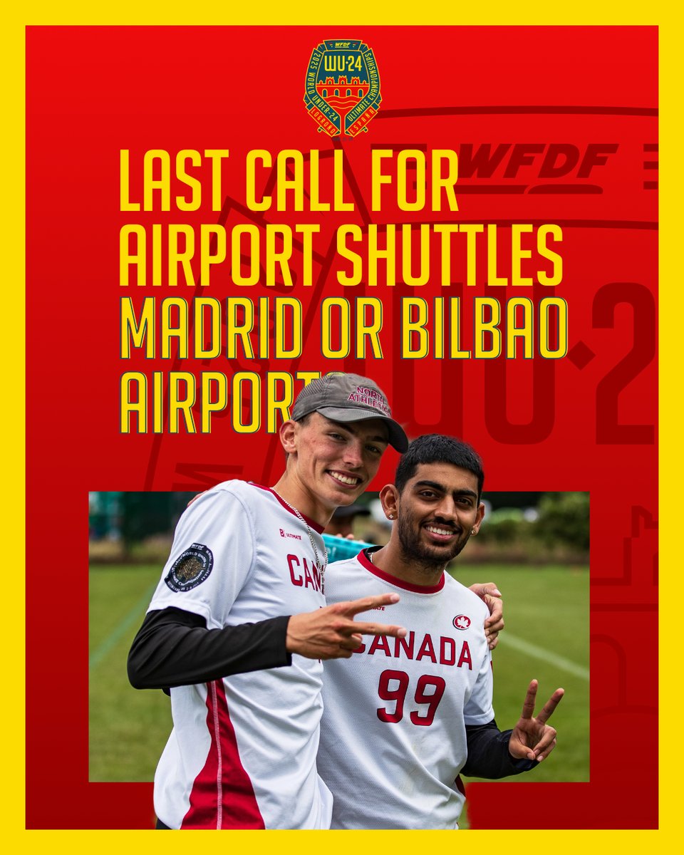 ⏰Last call for individual transportation to and from the airport! The deadline is tomorrow (26th April) at midnight!⏰
Find the forms on the event website.
.
.
#2025wu24
#wu24
#wfdf
#worldflyingdisc
#wfdfevents
#RoadToLogrono