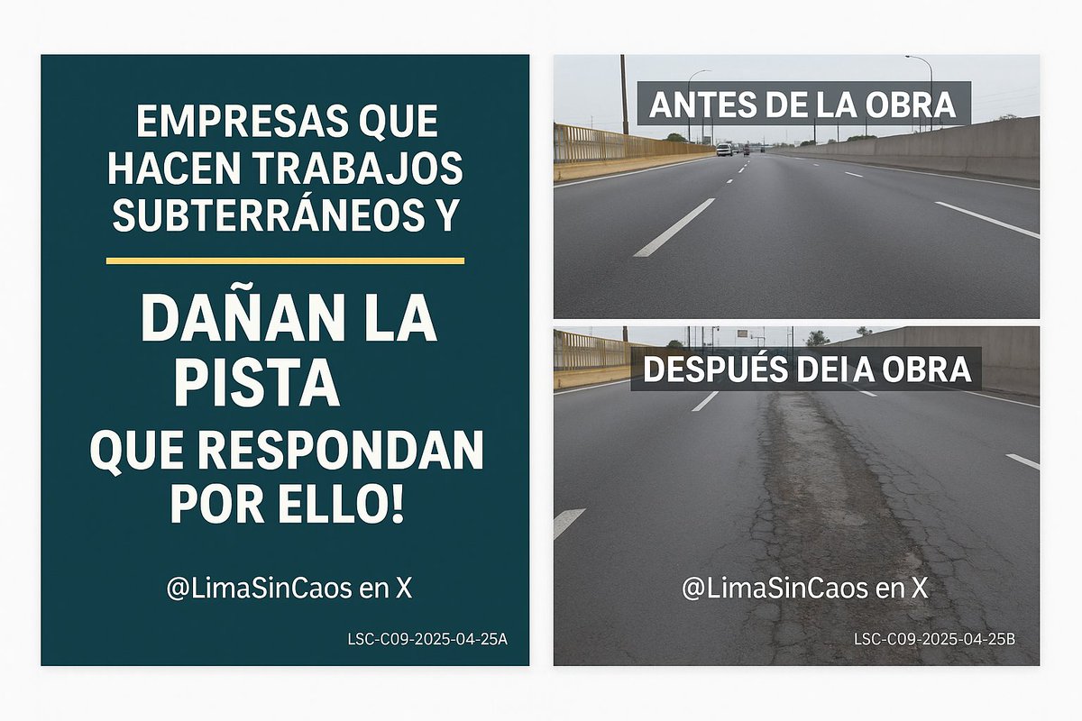 LimaSinCaos's tweet photo. Zanjas que cruzan la pista.
Resanes mal hechos.
Obras que dañan calzadas sin una adecuada supervisión.

¿Quién exige a las empresas dejar las vías como estaban?
¿Dónde están los controles?

@MuniLima @MuniCallao @MTC_GobPeru @congresoperu:
Este problema ya urge atención nacional. https://t.co/A4MGSaCpiy