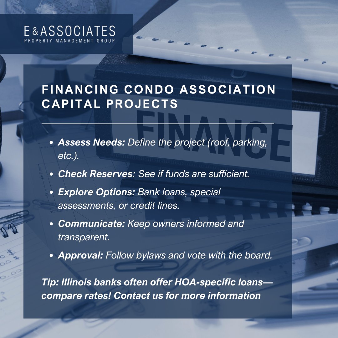 EAPROPERTYMGNT's tweet image. To finance condo capital projects, assess the need, review reserves, and explore loans or assessments. Consult experts, communicate with owners, and secure board approval. Transparent planning and tailored financing options help associations fund improvements