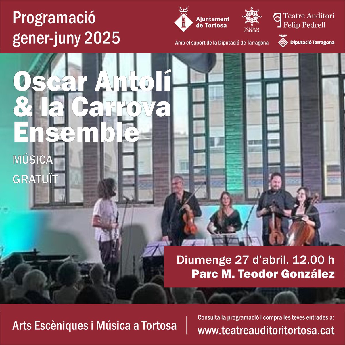 CULTURA | 🎶Concert "Òscar Antolí &amp; la Carrova Ensemble", una reinterpretació de la música d’arrel mediterrània

🗓Diumenge 27 d'abril
🕕12:00 h
📍Parc Municipal Teodor González