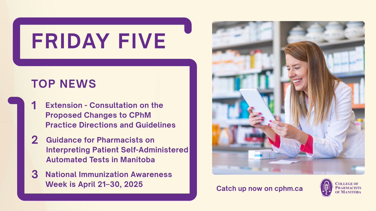 Stay up to date on the latest regulatory quality assurance, and safety information in this week's Friday Five. To read it now click the link: cphm.ca/friday-five/fr…

#CPhMCommunityHealth #PharmacyStandardsMB