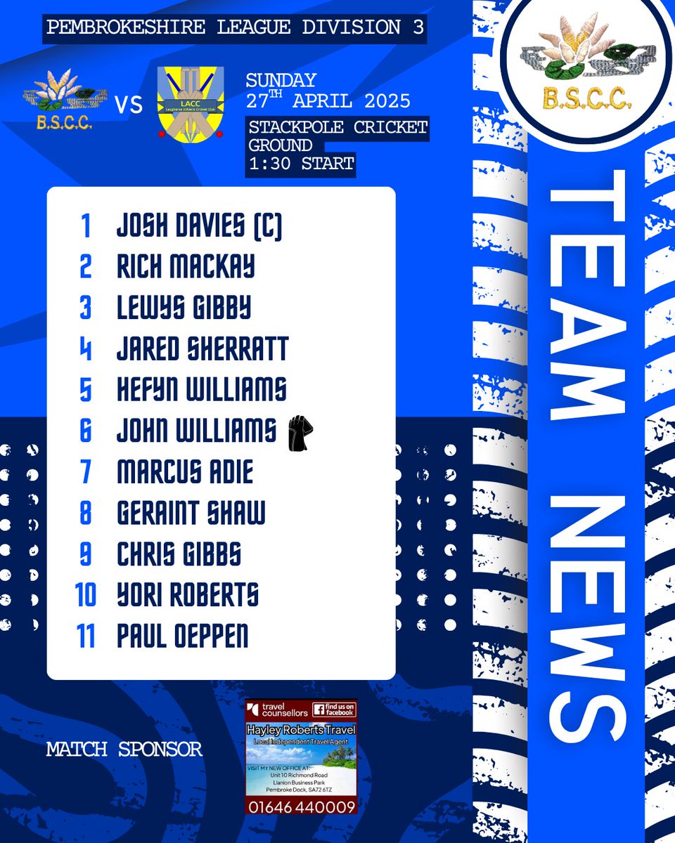 StackpoleCC's tweet image. 🚨 Team News 🚨

It’s been a long winter but we can finally say those 4 magic words….

‘The Lillies Are Baaaaaaack’

This sunday sees us face Laugharne at home. Here’s how we lineup to kickoff the season. 

Match sponsor - Hayley Roberts Travel 👏 

Up The Lilies 🏏