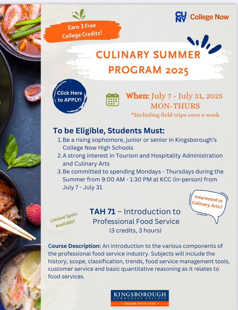 Ready to stir up your summer? 🍳🔥
Join #KCC’s #collegenow Culinary Summer Program 2025! Earn 3 FREE COLLEGE CREDITS &amp; learn various components of the professional food service industry. 

Spots are limited so apply now! #kbcc #FutureReadyNYC #nycstudents #nycschools