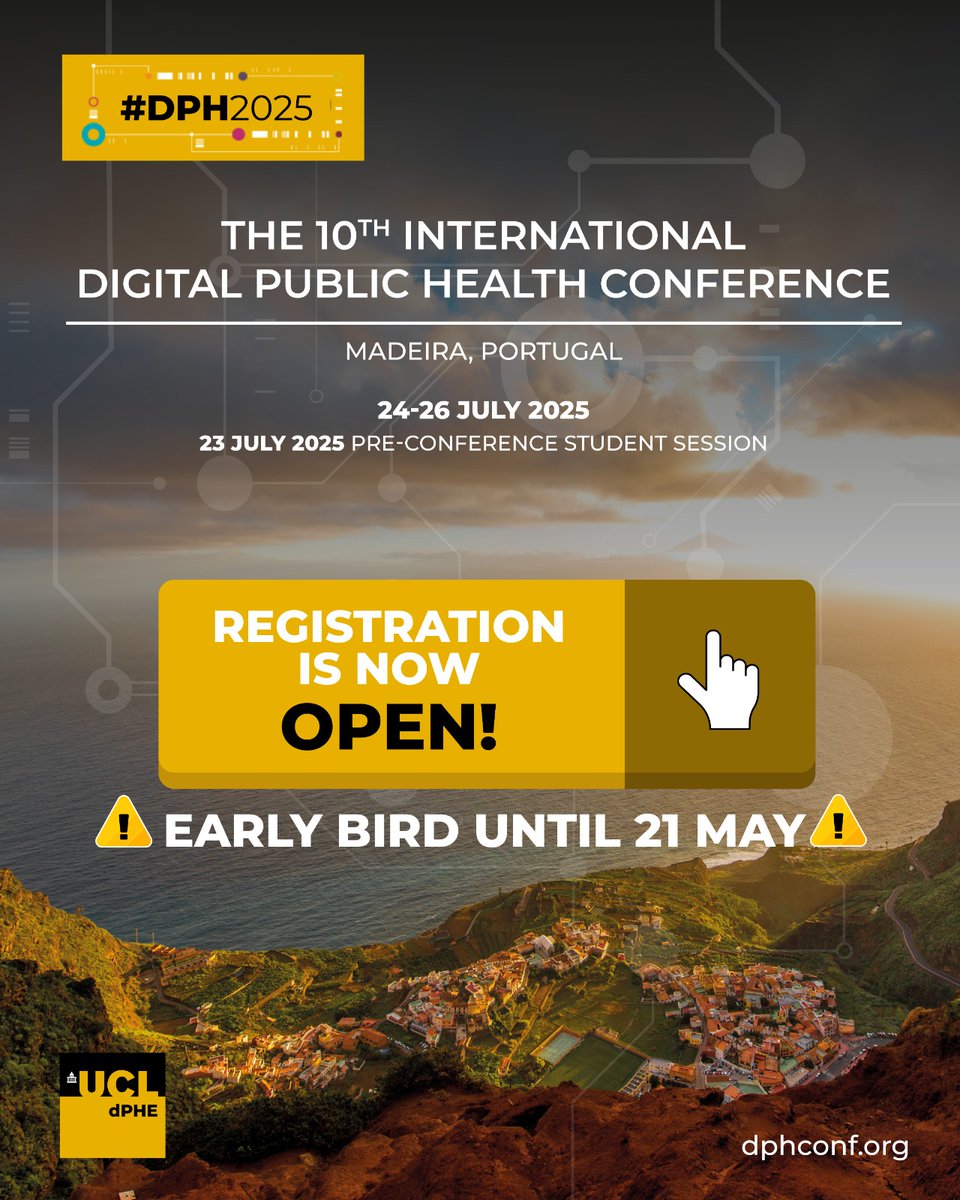 UCL Centre for Digital Public Health in Emergency (@ucl_dphe) on Twitter photo ๐๐ถ๐ด๐ถ๐๐ฎ๐น ๐ฃ๐๐ฏ๐น๐ถ๐ฐ ๐๐ฒ๐ฎ๐น๐๐ต ๐๐ผ๐ป๐ณ๐ฒ๐ฟ๐ฒ๐ป๐ฐ๐ฒ
24 - 26 July |Madeira, Portugal
#DPH2025
๐ฅ๐ฒ๐ด๐ถ๐๐๐ฟ๐ฎ๐๐ถ๐ผ๐ป ๐ถ๐ ๐ป๐ผ๐ ๐ผ๐ฝ๐ฒ๐ป!
For ๐ณ๐๐น๐น ๐ฟ๐ฒ๐ด๐ถ๐๐๐ฟ๐ฎ๐๐ถ๐ผ๐ป ๐ถ๐ป๐ณ๐ผ๐ฟ๐บ๐ฎ๐๐ถ๐ผ๐ป: dphconf.org/attending/regiโฆ
#DigitalHealth ๐๐ถ๐ด๐ถ๐๐ฎ๐น ๐ฃ๐๐ฏ๐น๐ถ๐ฐ ๐๐ฒ๐ฎ๐น๐๐ต ๐๐ผ๐ป๐ณ๐ฒ๐ฟ๐ฒ๐ป๐ฐ๐ฒ
24 - 26 July |Madeira, Portugal
#DPH2025
๐ฅ๐ฒ๐ด๐ถ๐๐๐ฟ๐ฎ๐๐ถ๐ผ๐ป ๐ถ๐ ๐ป๐ผ๐ ๐ผ๐ฝ๐ฒ๐ป!
For ๐ณ๐๐น๐น ๐ฟ๐ฒ๐ด๐ถ๐๐๐ฟ๐ฎ๐๐ถ๐ผ๐ป ๐ถ๐ป๐ณ๐ผ๐ฟ๐บ๐ฎ๐๐ถ๐ผ๐ป: dphconf.org/attending/regiโฆ
#DigitalHealth