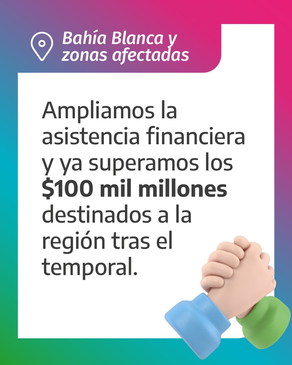 Ampliamos en $19.500 millones la asistencia crediticia para el pueblo de #BahíaBlanca y los partidos afectados por el temporal de marzo. Con este nuevo fondeo vamos a superar los $100 mil millones en financiamiento para la región.

<a href="/Kicillofok/">Axel Kicillof</a> nos pidió que los recursos de
