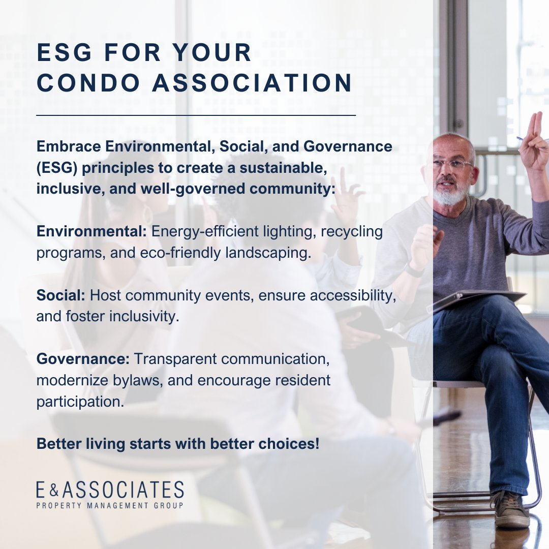 EAPROPERTYMGNT's tweet image. Incorporating ESG in condo associations boosts sustainability, inclusivity, and transparency. Focus on eco-friendly upgrades, community engagement, and strong governance. These practices enhance quality of life, promote responsible management, and can increase property value