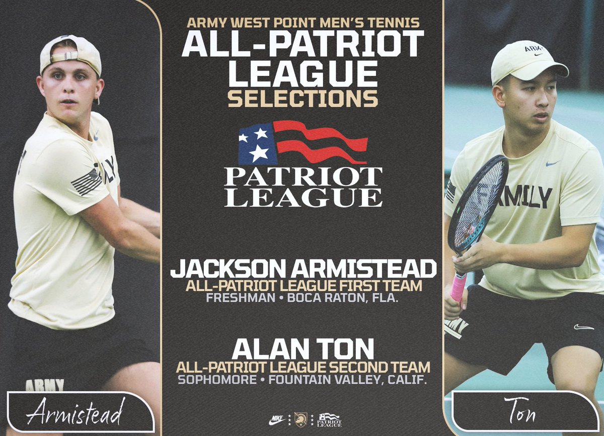 Army Men's Tennis (@armywp_mtennis) on Twitter photo Congratulations to Jackson Armistead and Alan Ton who received all-conference recognition from the <a href="/PatriotLeague/">Patriot League</a> ππ
π goarmywestpoint.com/news/2025/4/25β¦
#GoArmy Congratulations to Jackson Armistead and Alan Ton who received all-conference recognition from the <a href="/PatriotLeague/">Patriot League</a> ππ
π goarmywestpoint.com/news/2025/4/25β¦
#GoArmy