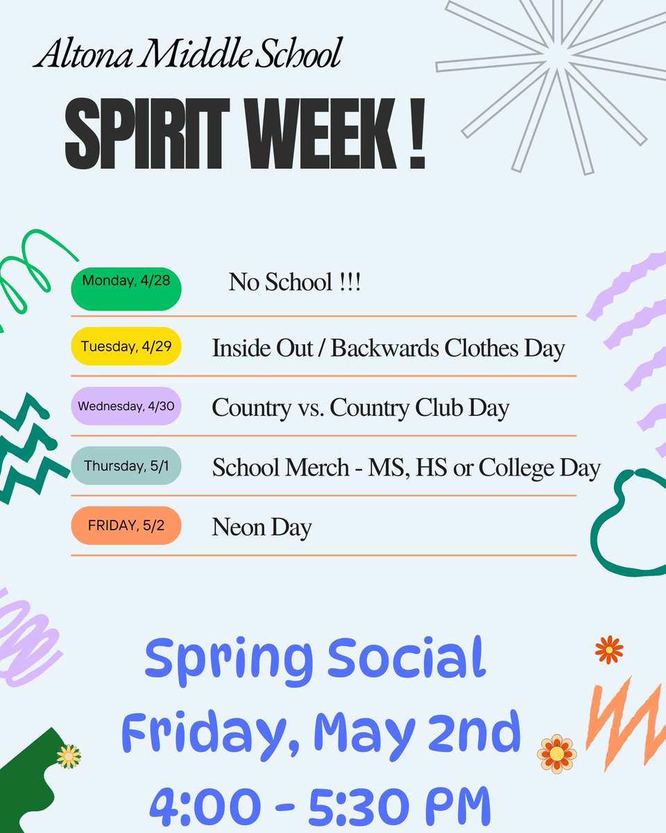 Spirit Week is next week—get ready #RattlerNation to dress up, go all out, and show off your school spirit! #AltonaWay