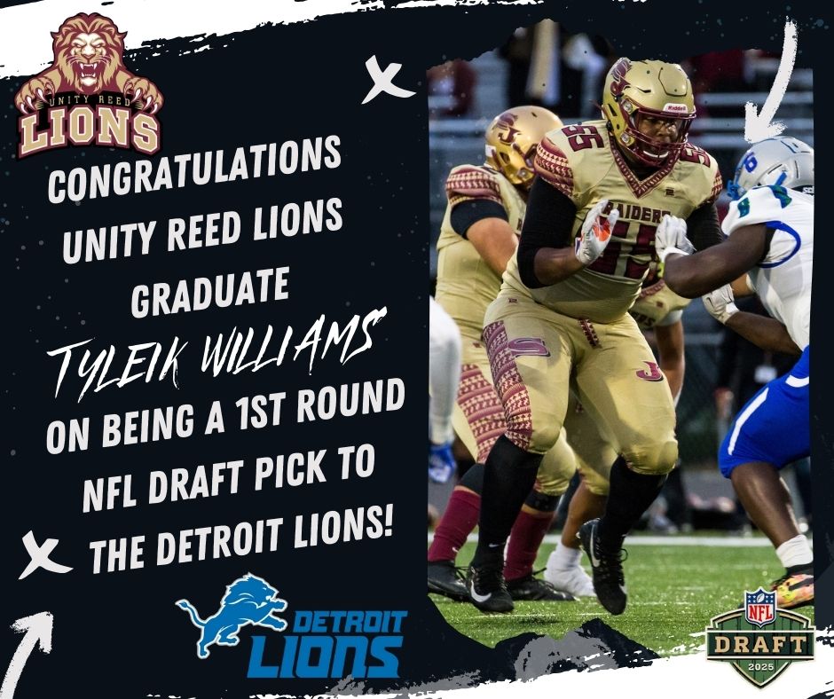 Congratulations to Unity Reed Lions graduate Tyleik Williams on being a 1st round NFL draft pick to the Detroit Lions!!
#RideWithThePride #TheLionsDen #lionspride