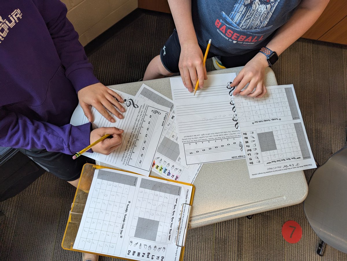 5th graders are working on a solfege --&gt; color-coding--&gt; pitch naming--&gt; writing on a staff--&gt; playing on a pitched instrument multi-week  project!  Taking it step by step and it is all making musical sense!