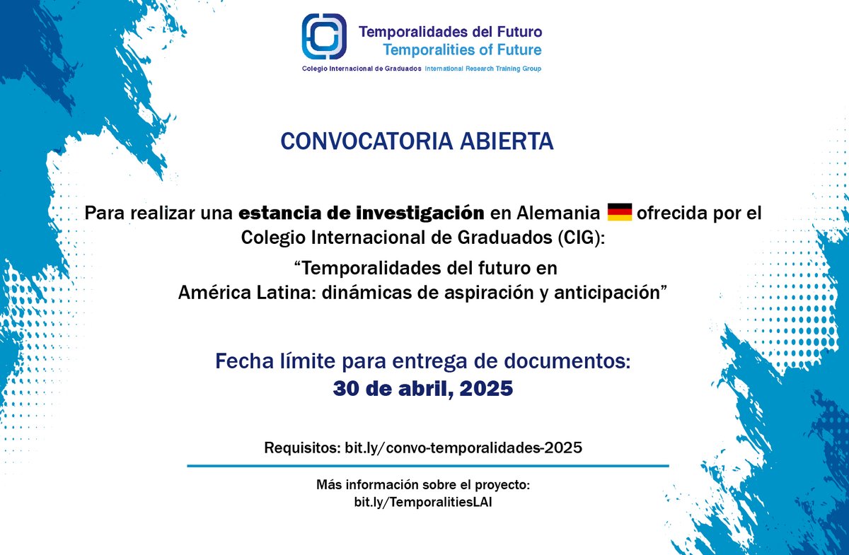 .<a href="/elcolmex/">El Colegio de México</a>, <a href="/ciesas/">CIESAS</a> y <a href="/UNAM_MX/">UNAM</a> invitan a estudiantes regulares de maestría, doctorado y postdoctorado a participar en el Colegio Internacional de Graduados  
📝¡Postúlate y amplía tus horizontes académicos! bit.ly/convo-temporal… 
⚠️Fecha límite: 30 de abril de 2025.