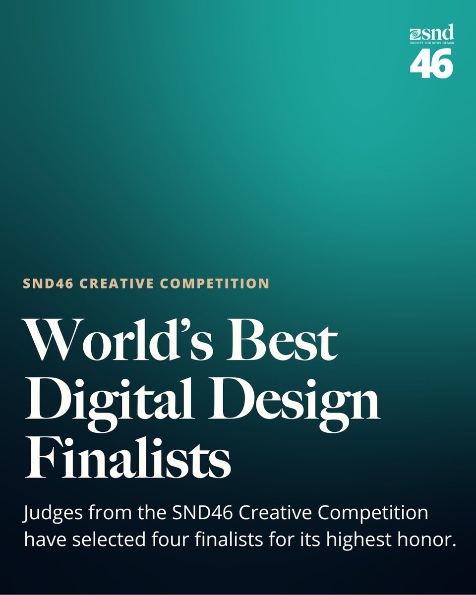 Society for News Design (@snd) on Twitter photo A panel of six judges from the Society for News Design’s 46th Creative Competition have selected <a href="/puddingviz/">The Pudding</a>, <a href="/nytimes/">The New York Times</a>, <a href="/propublica/">ProPublica</a> and <a href="/washingtonpost/">The Washington Post</a> as finalists for World’s Best Designed Digital. #SND46
Read the full announcement at snd.org/the-society-fo… A panel of six judges from the Society for News Design’s 46th Creative Competition have selected <a href="/puddingviz/">The Pudding</a>, <a href="/nytimes/">The New York Times</a>, <a href="/propublica/">ProPublica</a> and <a href="/washingtonpost/">The Washington Post</a> as finalists for World’s Best Designed Digital. #SND46
Read the full announcement at snd.org/the-society-fo…