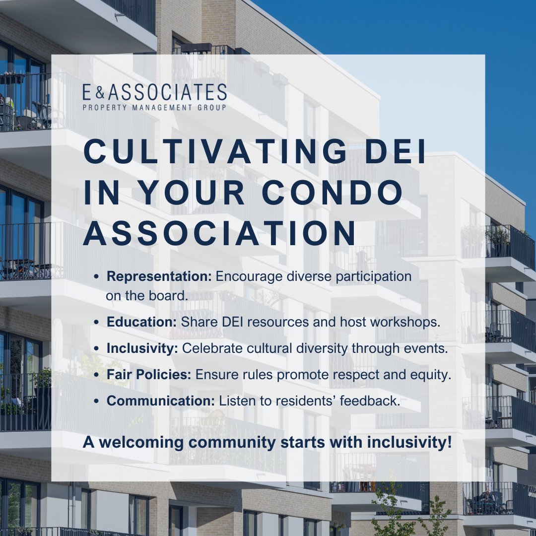 EAPROPERTYMGNT's tweet image. Fostering DEI in condo associations promotes a welcoming, respectful community. Encourage diverse leadership, offer educational resources, celebrate cultural events, and ensure fair policies. Open communication and inclusive practices help build stronger, connected neighborhoods
