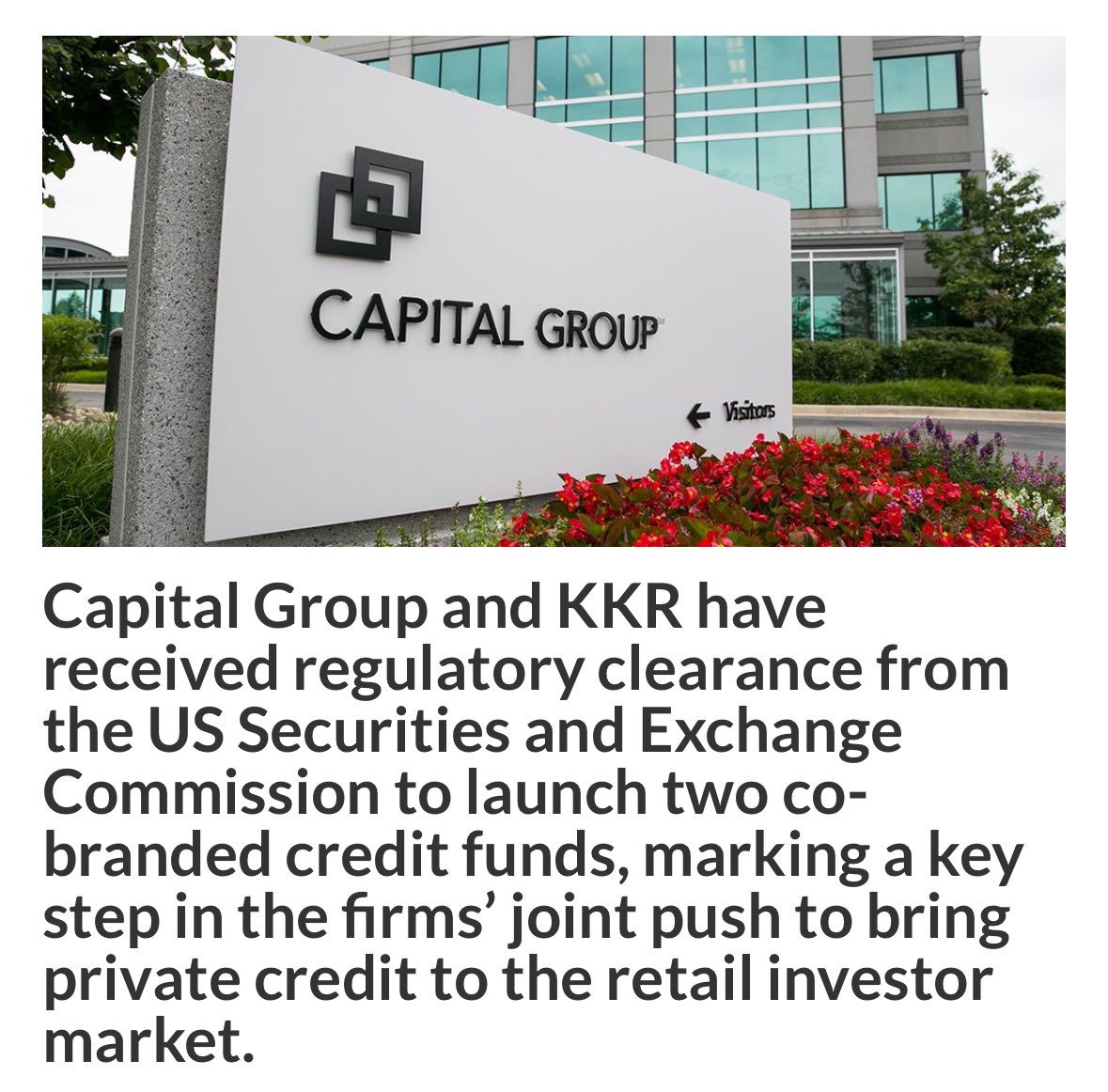 BoringBiz_'s tweet photo. Private credit is coming to the retail investor

Capital group and KKR received approval to launch credit funds that will be a hybrid mix between public and private loans

Neither fund charging performance fees or utilizing leverage, low management fees of roughly 90bps on both https://t.co/Fc8YiNKTGh
