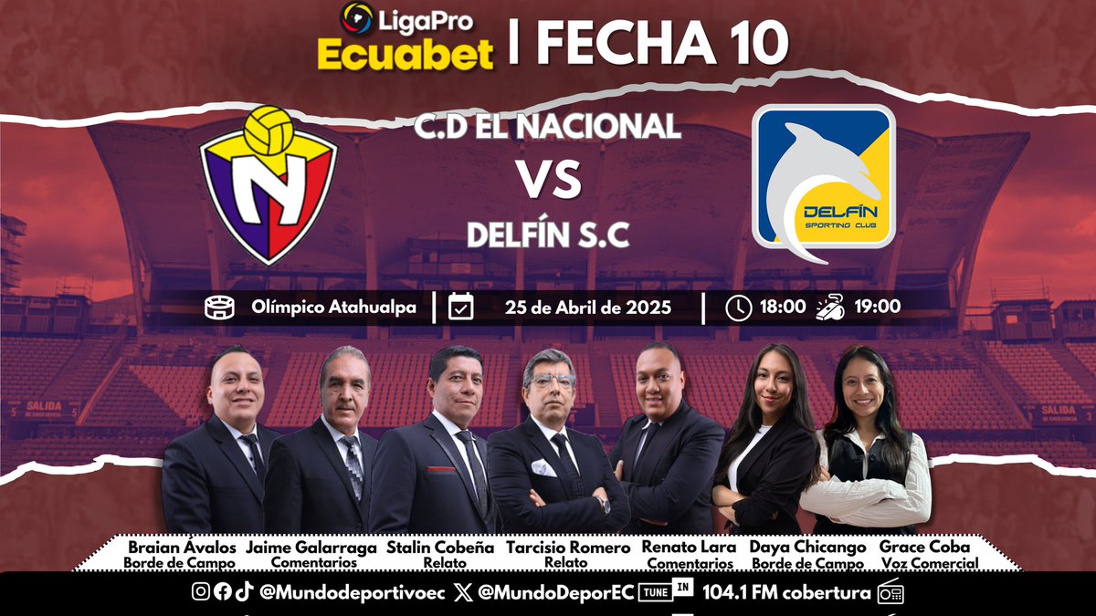 MUNDO DEPORTIVO EC ๐ช๐จ (@mundodeporec) on Twitter photo ๐ยกLIGA PRO! Arrancamos con la fecha 10 de la #LigaProEcuabet desde el Olรญmpico Atahualpa.
<a href="/elnacionalec/">Club Deportivo El Nacional</a> ๐ <a href="/DelfinSC/">Delfรญn Sporting Club</a>
๐๏ธ <a href="/TarcisioRomero/">Tarcisio Romero</a>
๐๏ธ <a href="/StalinCobena/">Stalin Cobena</a>
๐ <a href="/jaimegalarraga/">Jaime Galarraga</a>
๐ <a href="/RenatoLara6/">Renato Lara</a>
๐๏ธ <a href="/Braian_AvalosG/">Braian Andrรฉs Avalos</a>
๐๏ธ <a href="/ChicangoDayana/">Dayana Chicango</a>
๐ฃ๏ธ <a href="/gracewalker_23/">Grace Coba Yar</a> ๐ยกLIGA PRO! Arrancamos con la fecha 10 de la #LigaProEcuabet desde el Olรญmpico Atahualpa.
<a href="/elnacionalec/">Club Deportivo El Nacional</a> ๐ <a href="/DelfinSC/">Delfรญn Sporting Club</a>
๐๏ธ <a href="/TarcisioRomero/">Tarcisio Romero</a>
๐๏ธ <a href="/StalinCobena/">Stalin Cobena</a>
๐ <a href="/jaimegalarraga/">Jaime Galarraga</a>
๐ <a href="/RenatoLara6/">Renato Lara</a>
๐๏ธ <a href="/Braian_AvalosG/">Braian Andrรฉs Avalos</a>
๐๏ธ <a href="/ChicangoDayana/">Dayana Chicango</a>
๐ฃ๏ธ <a href="/gracewalker_23/">Grace Coba Yar</a>