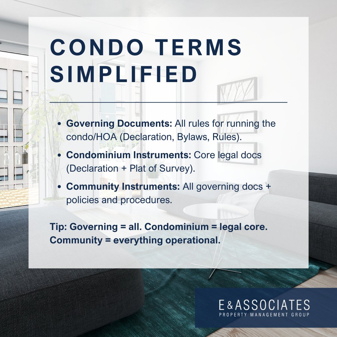 EAPROPERTYMGNT's tweet image. Understanding condo terms is key for compliance and smooth governance. "Governing Documents" are general rules, "Condominium Instruments" are core legal docs like the Declaration and Plat, and "Community Instruments" include all documents guiding condo HOA operations, policies.
