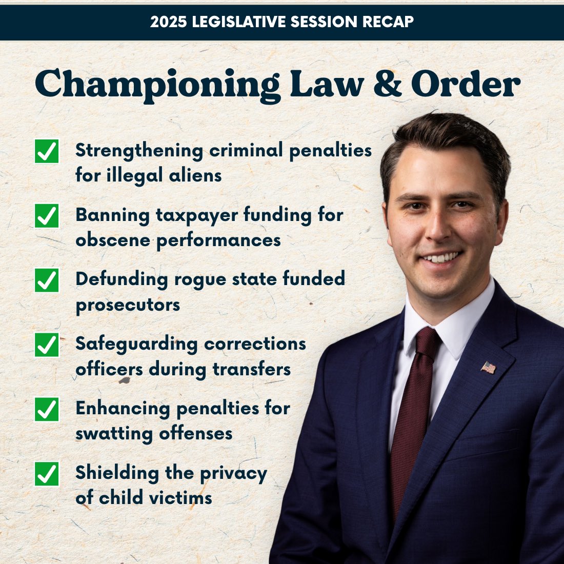 AndrewIrelandIN's tweet image. First session is DONE ✅
This year I helped lead the charge on legislation to strengthen criminal penalties for illegal aliens, ban taxpayer-funded obscene performances, crack down on swatting, and more. These are huge wins for law and order, and I’m just getting started!