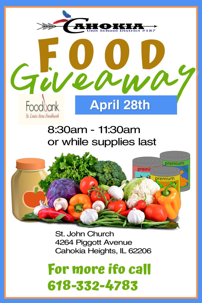 Monday, April 28th, we will be hosting a food giveaway at St. John Church- 4264 Piggott Avenue. We will start the giveaway at 8:30 am, while supplies last. Please pass on to all families in need. See you there!!!!
