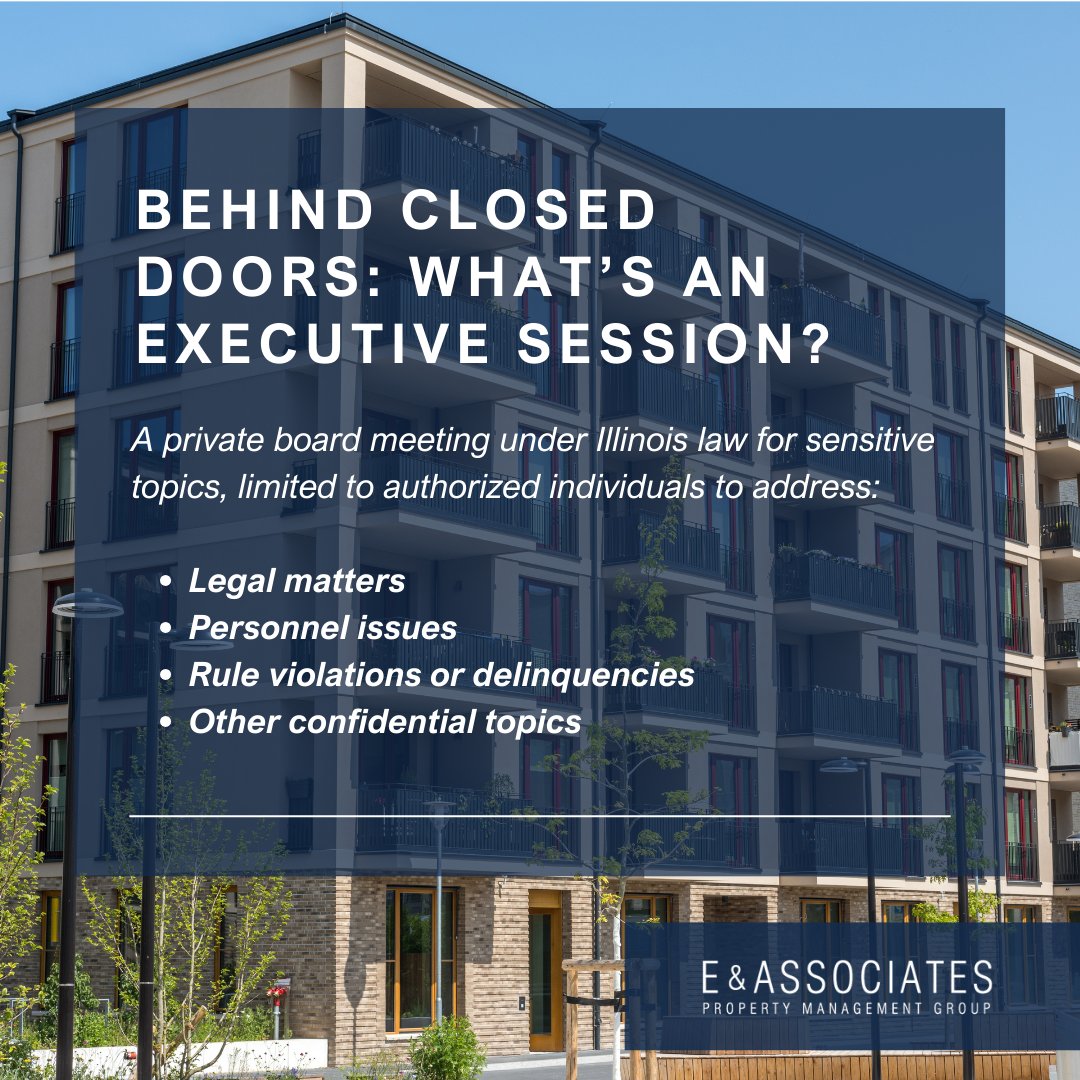 EAPROPERTYMGNT's tweet image. Executive sessions, allowed under the Illinois Condominium Property Act, let condo boards privately discuss sensitive topics like legal issues, personnel, or violations. Only authorized individuals may attend. No decisions are made; all votes must occur publicly for transparency