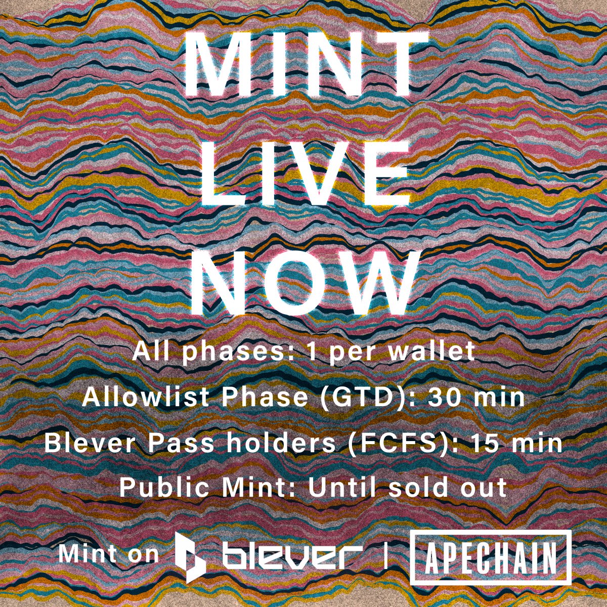 🚀 MINT IS LIVE! 🚀

Mint starts NOW on <a href="/bleverxyz/">Blever</a> - powered by ApeChain

🎟️ Allowlist GTD: 1 per wallet, 30 min early access
💎 Blever Pass Holders: 15 min FCFS window
🌍 Public Mint: 1 per wallet, until sold out
🎨 1000 unique, algorithm-born pieces.

🔗 Mint now: