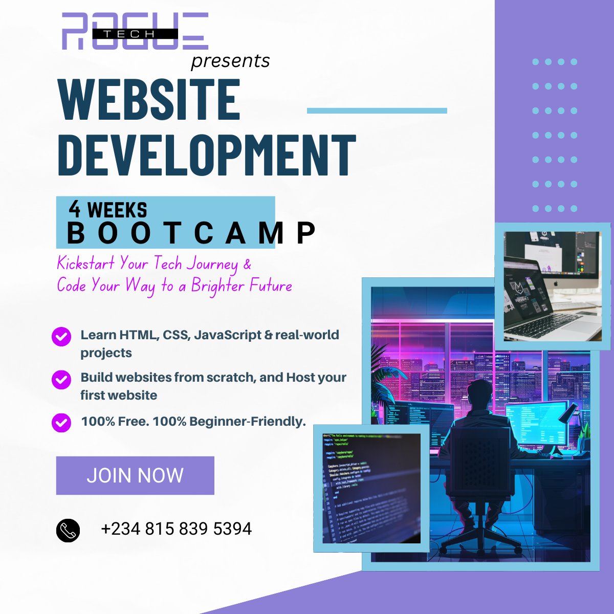 RogueDotTech's tweet image. 🚨 Exciting Opportunity Alert! 🚨
We&apos;re launching a Free Online Web Development Bootcamp for beginners! 🎉
In just 4 weeks, you&apos;ll learn: 
✅ HTML, CSS &amp;amp; JavaScript
✅ Git &amp;amp; GitHub (version control)
✅ How to build &amp;amp; host your own website

#WebDevelopment #TechForEveryone #coding