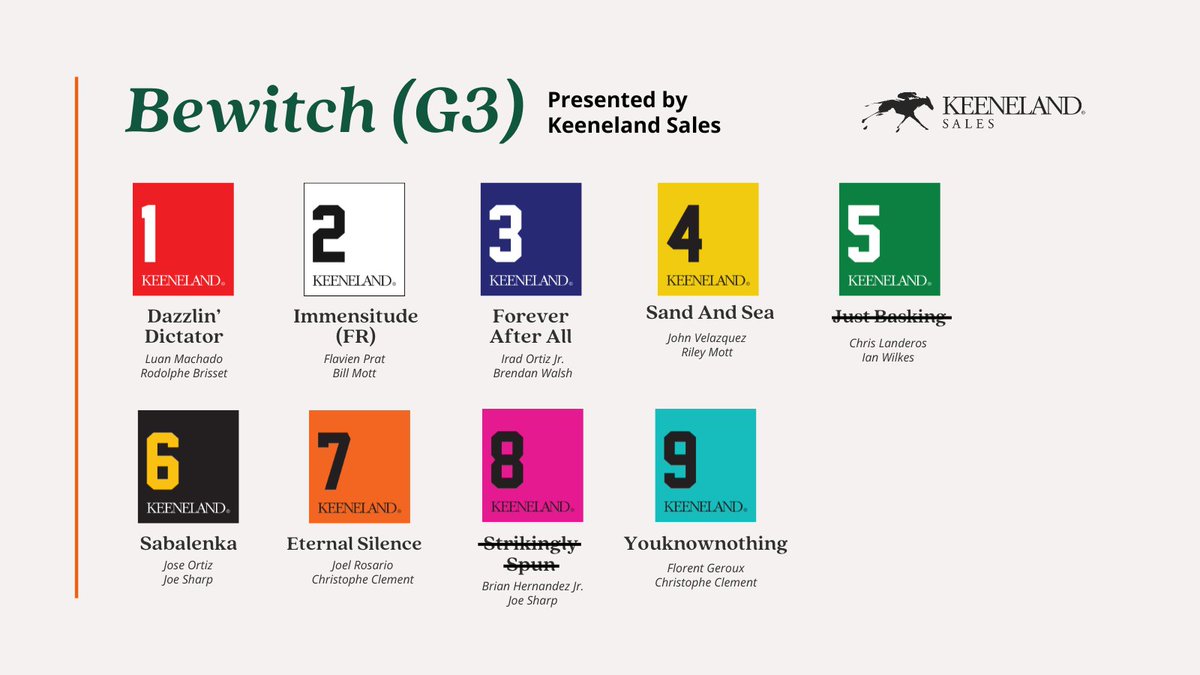 On deck at Keeneland: the Bewitch (G3) presented by <a href="/keenelandsales/">Keeneland Sales</a> at 4:12 p.m.!