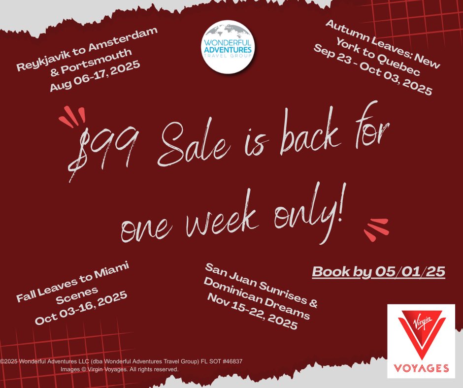 TravelWithEric6's tweet photo. 🚢 Dreaming of a getaway? For one week only, book select cruises from just $99 pp/pn! 🌴 Upgrade to Sea Terrace from $119 pp/pn. Whether it's Europe or the Caribbean, these rates won’t last!
📲 DM now to book!
#WonderfulAdventures #TravelWithEric #VirginVoyages #CruiseDeals https://t.co/IeIhuDEtb6