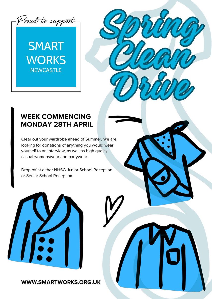 NHSGHead's tweet photo. Spring cleaning your wardrobe? We’d love your support for @NewcastleHigh @SmartWorksHQ Bring along your donations to Snr/Jnr School reception next week. We are so proud to work alongside this amazing organisation, dedicated to changing the lives of women across the North East. https://t.co/nkKRNiZMGP