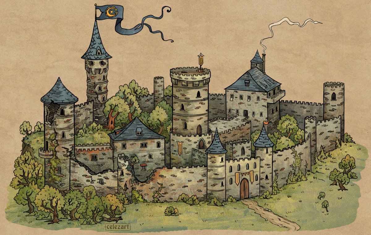 celezart's tweet image. Drew a castle for commish. Is a school of magic, western side was sealed off for mysterious reasons, and new buildings were added to the east, that's why left side is looks ruined and old.
p.s. Also two dogs hidden here as my traditional Easter Eggs - so, have a nice search :"D