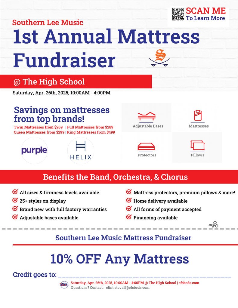 Southern Lee High School Music Department is holding a fundraiser Mattress Sale this Saturday from 10-4p at the SLHS Gymnasium. If you need a new mattress for your home, it's a great time to get out and buy a new one while supporting the arts at Southern Lee!