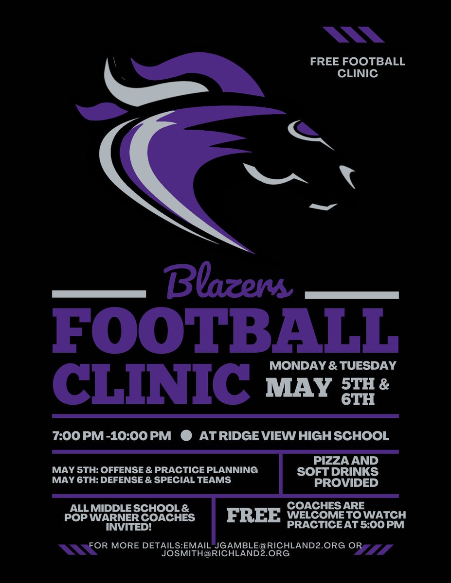Adam Gamble (@coachagamble) on Twitter photo Looking forward to our Annual Free Middle School/Pop Warner Clinic. All
Middle School and Pop Warner coaches are welcome to join for practice and the clinic! <a href="/CoachHowardII/">Derek Howard, II</a> <a href="/RidgeViewSports/">Ridge View Sports</a> <a href="/RidgeViewF_Ball/">Ridge View Football</a> <a href="/rvhs/">Ridge View High School: A Med Pro Magnet</a> <a href="/CoachHowardII/">Derek Howard, II</a> <a href="/Coach3mith/">Jon D. Smith</a> <a href="/LouatTheState/">Lou Bezjak</a> Looking forward to our Annual Free Middle School/Pop Warner Clinic. All
Middle School and Pop Warner coaches are welcome to join for practice and the clinic! <a href="/CoachHowardII/">Derek Howard, II</a> <a href="/RidgeViewSports/">Ridge View Sports</a> <a href="/RidgeViewF_Ball/">Ridge View Football</a> <a href="/rvhs/">Ridge View High School: A Med Pro Magnet</a> <a href="/CoachHowardII/">Derek Howard, II</a> <a href="/Coach3mith/">Jon D. Smith</a> <a href="/LouatTheState/">Lou Bezjak</a>