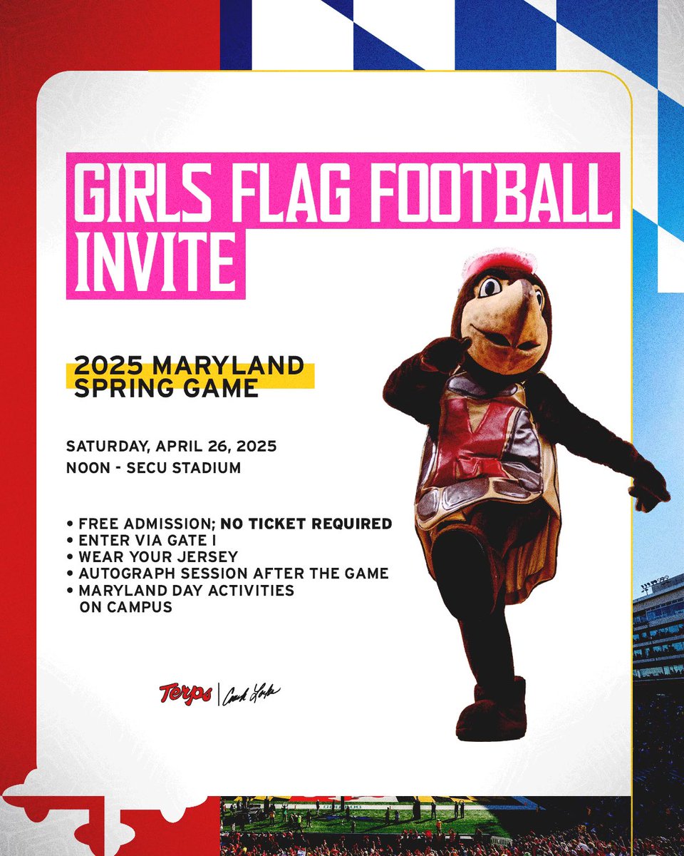 Maryland Football (@terpsfootball) on Twitter photo .<a href="/CoachLocks/">Michael Locksley</a> and Maryland Football are excited to invite all girls flag football participants and organizations across the DMV to our Spring Game tomorrow!
Stay tuned for more details on a Girls Flag Football skills clinic coming later this summer! .<a href="/CoachLocks/">Michael Locksley</a> and Maryland Football are excited to invite all girls flag football participants and organizations across the DMV to our Spring Game tomorrow!
Stay tuned for more details on a Girls Flag Football skills clinic coming later this summer!