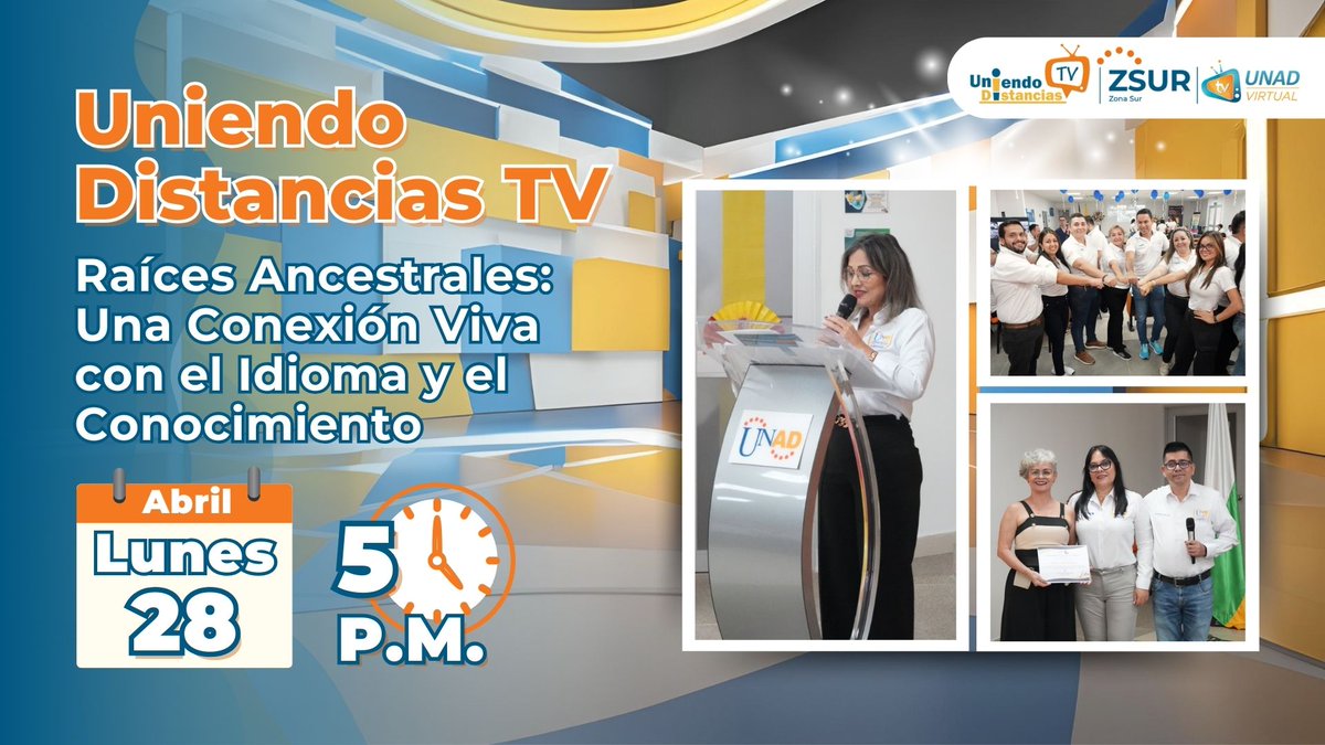 📺 ¡#UniendoDistanciasTV vuelve este lunes 28 de abril a las 5:00 p.m. por TV UNAD Virtual!
💛 Conéctate: youtube.com/watch?v=ROiHBX…...
#MásUnadMásEquidad #ZonaSurUNAD